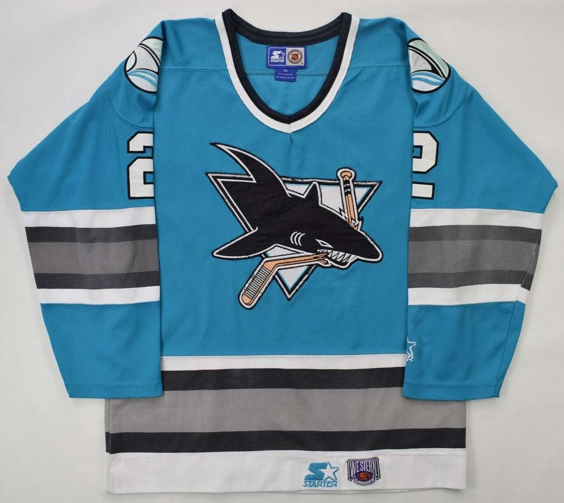 STARTER, Shirts, Vintage 9s Starter San Jose Sharks Hockey Jersey Away  White Blue Nhl Size Large